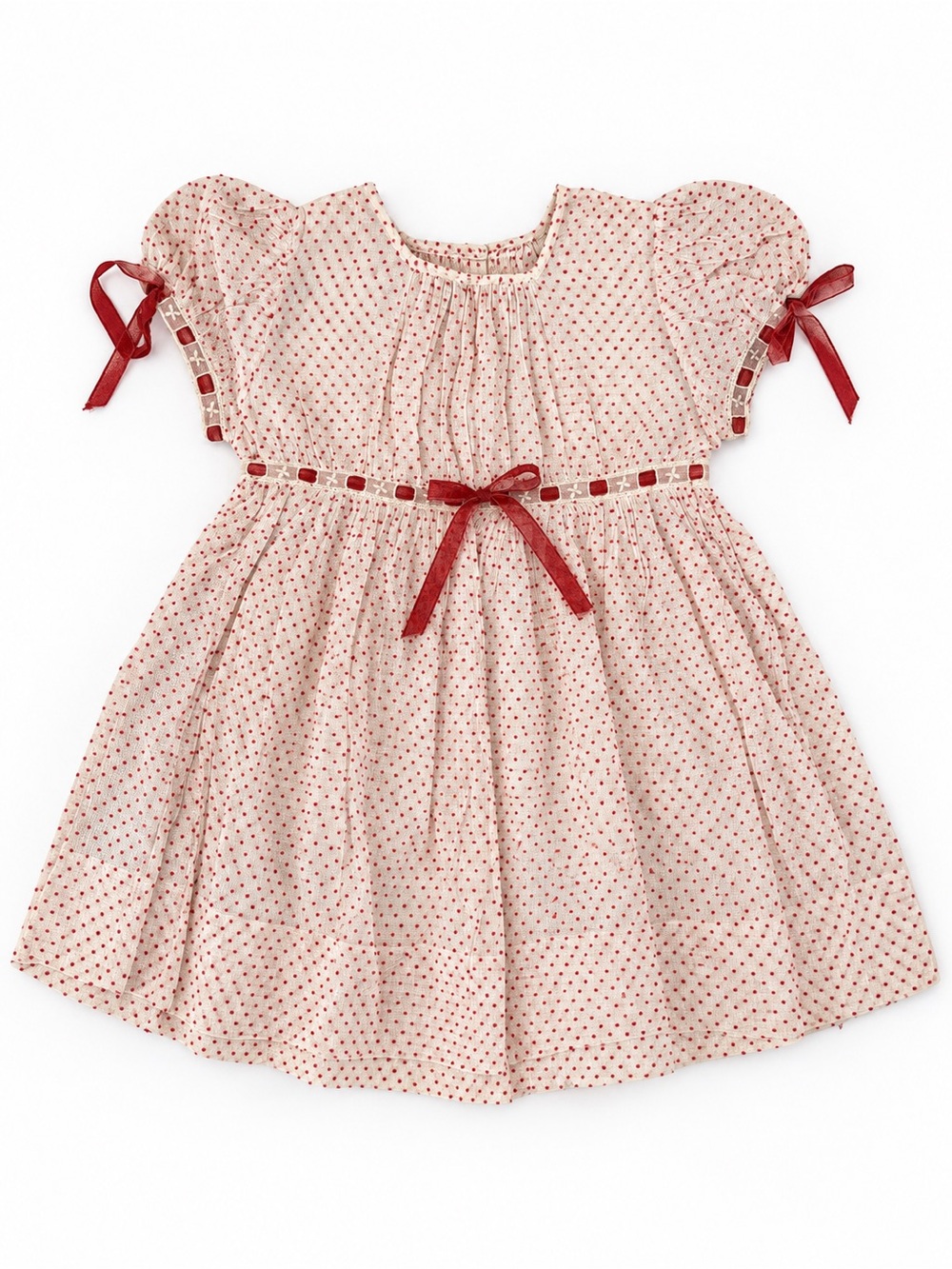 Vintage 1940s Handmade Dotted Swiss Baby Dress Red Ribbon 6-9M